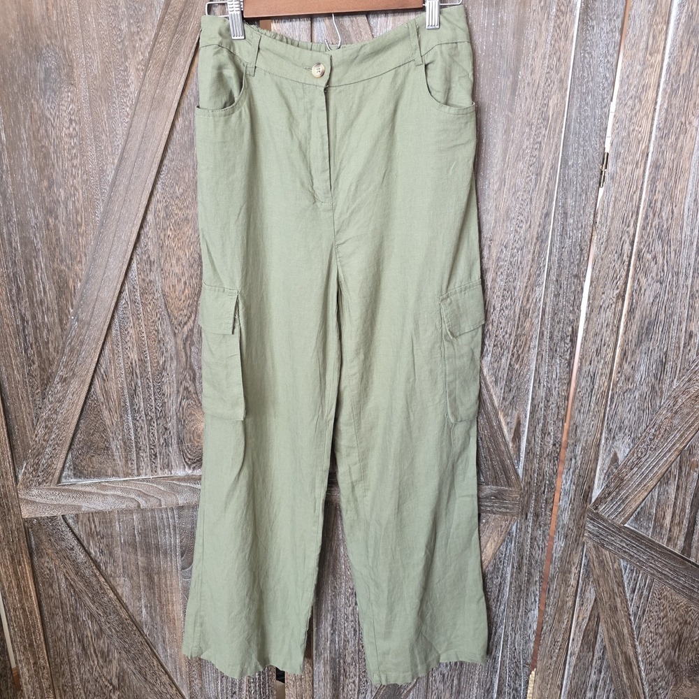 Happily Grey Pants Women's Medium Large‎ Green Wide Leg Crop Linen Blend Cargo
